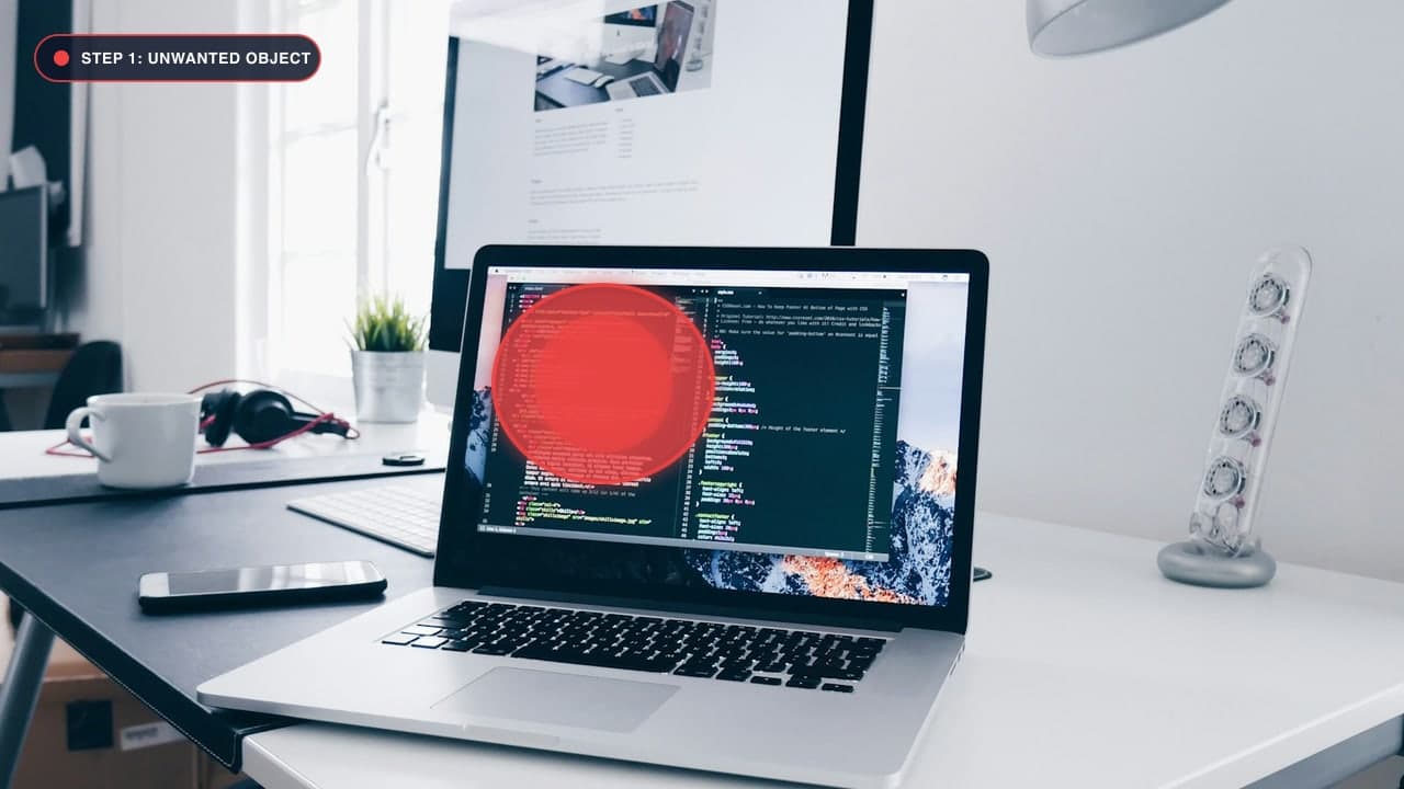 Selecting a distracting object using the red brush mask tool.