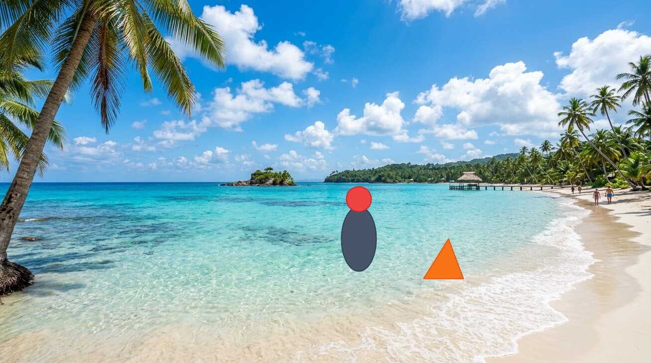 Beach photo with tourist crowds before removal