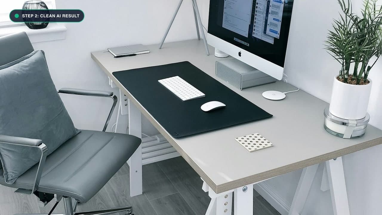 Serene, minimalist desk setup showcasing clean wood grain and calm vibes.